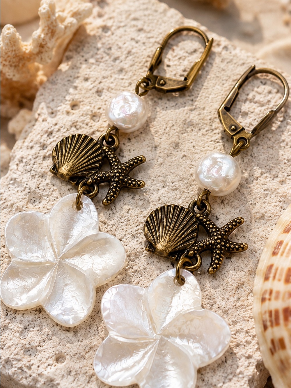 Freshwater Pearl Mother of Pearl Flower Earrings, Seashell Starfish Antique Bron
